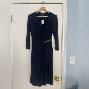 Ralph Lauren Dress Size 6 Navy Blue Side Scrunch Long Elegant Business Dress